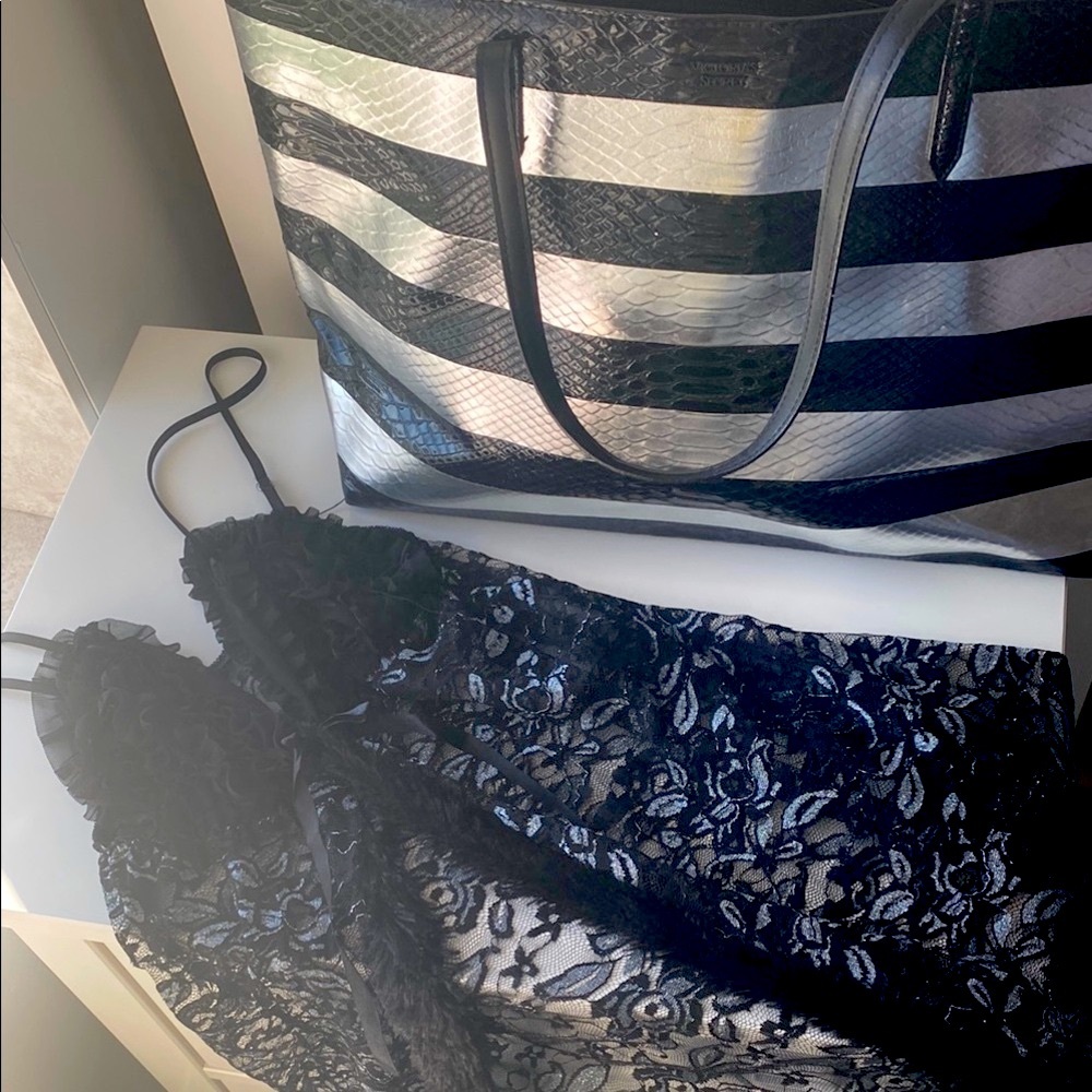 Black and Silver Striped Tote Victoria secret bag + beautiful lingerie